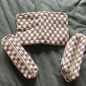 Checkerboard Brown & Cream makeup Pouch Trio